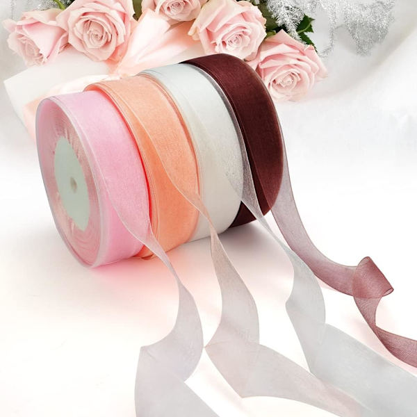 4 Rullar Transparent Chiffon Satinband Presentband, Lämplig för Alla Hjärtans Dag, Jul och Födelsedagsbukett Dekoration (4 Stycken Blandade Färger)
