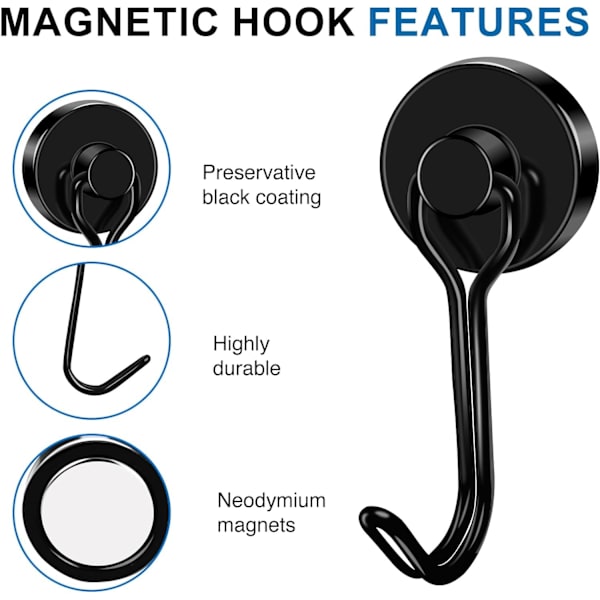 6-pack Magnetiska Krokar, 40 LBS Neodymium Magnetkrokar Stark Magnetiska Krokar Kryssning, Svarta Svängbara Magneter med Krokar för Kylskåp