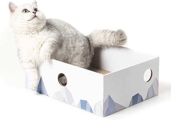 Cat Scratch Box with Scratching Board - Portable Cardboard Lounger - White