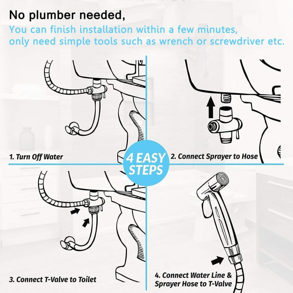 Toiletsprøjte Rustfrit stål Bidet Håndbruser med 3-vejs ventil (1/2" 3/8") Perfekt til personlig hygiejne, rengøringspleje