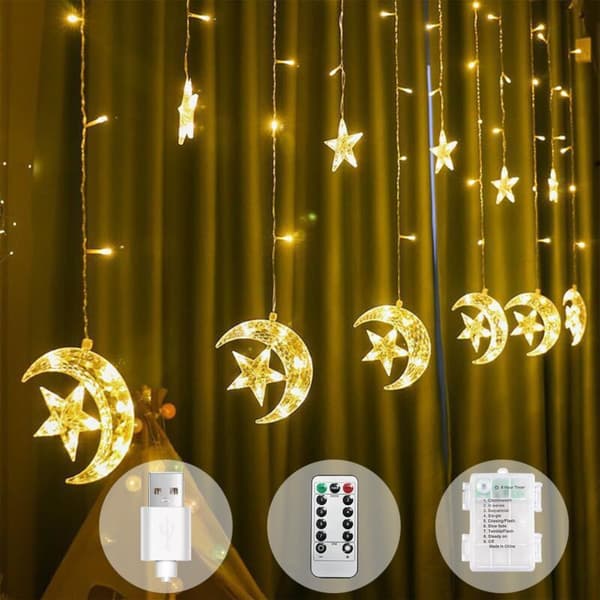 Ramadan Decoration Light String 3.5M Moon and Star Curtain Lights Indoor Battery/USB Powered with Timer and Remote Control