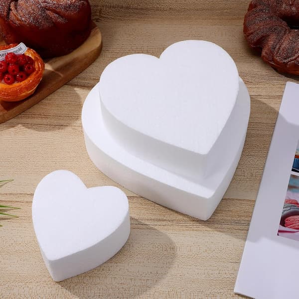 3 Pieces White Heart Shaped Foam Cake Dummies, Reusable Polystyrene Cake Model