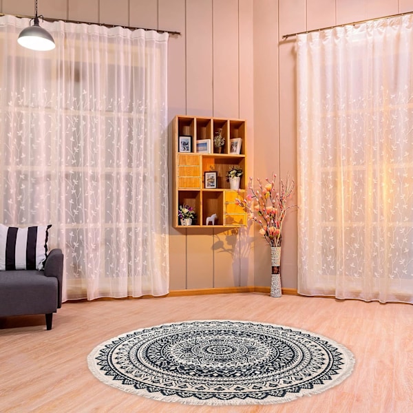 90cm Mjuka Runda Matta för Sovrum Matrum Cirkel Boho Matta Halksäker Tvättad Chic Bohemian Mandala Inomhus Matta