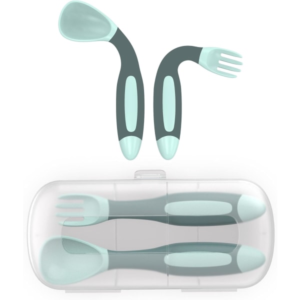 Fleksibel silisiumskje og gaffel med babytrenerboks (grønn)