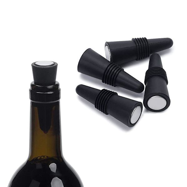 Vinstoppe (sæt af 5), Silikon Vinflaskestop og Drikkeflaskestop, Sort