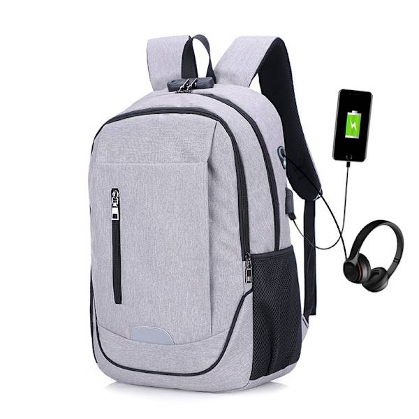 Laptopryggsäck för resor, stöldskyddad laptopryggsäck för män, affärsryggsäck, arbetsryggsäck med USB-laddningsport, grå