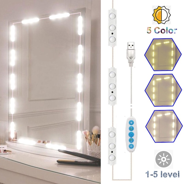 Himmennettävät LED-peilivalot, valaistu meikkisetissä oleva peilivalo LED-valoilla 5 väriä 5 kirkkaustasoa meikkilamppu USB-virtajohdolla himmennettävä
