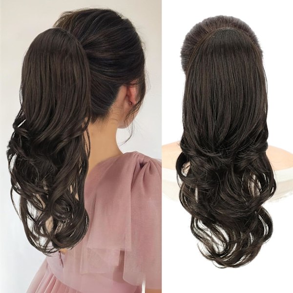 Hestehale Extensions, 40 cm Mørkebrun Lang Snøring Bølgete Clip-in Hestehale Hår Extensions Lagdelt Syntetisk Hårdel for Kvinner