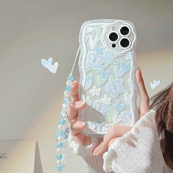 For iPhone 13 Pro Mobile Case Heart Shape Butterfly Pattern Transparent TPU Protective Cover with Pearl Chain