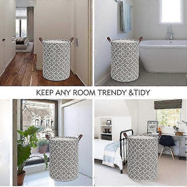 60L Large Laundry Hamper with Durable Leather Handle, Thickened Waterproof Drawstring Round Foldable Laundry Basket (Grey, L)
