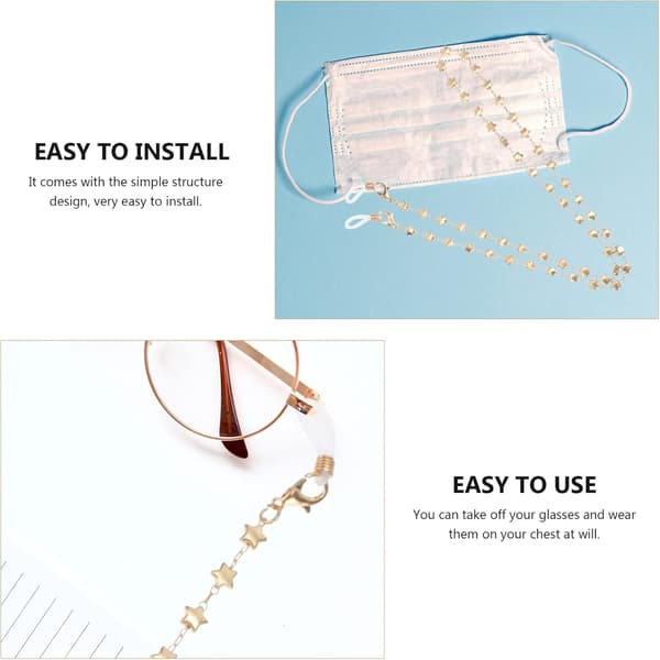 2 Pieces Alloy Eyeglass Chains with Heart and Star Shape in Gold with Anti-fall Function