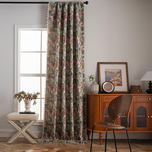 Jacquard bomullsgardin med blad- og blomstermønster - 1 lysreduserende panel - 150 x 160 cm