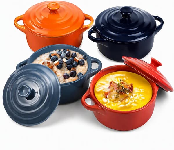 4-pack porslinsformar med lock och handtag för ugn, 8 oz runda ramekiner för sufflé, crème brûlée, bakform