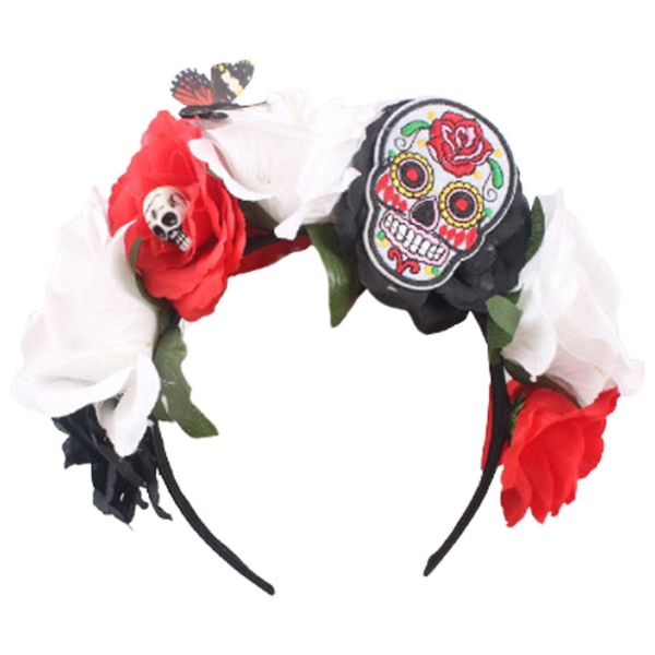 Halloween Faux Rose Blomster Hodebånd Broderi Skalle 3d Butterfly Crown Krans Dødedagen Headpi