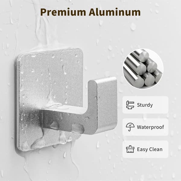 Square Self-Adhesive Towel Hooks - 4 Pcs Matte Black Wall Hooks for Hanging Towels Coats - Modern Stylish Bathroom and Kitchen Hooks - Silver