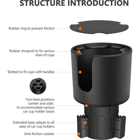 Expandable Car Cup Holder Adapter with Adjustable Base and Coaster for Most Car Cup Holders