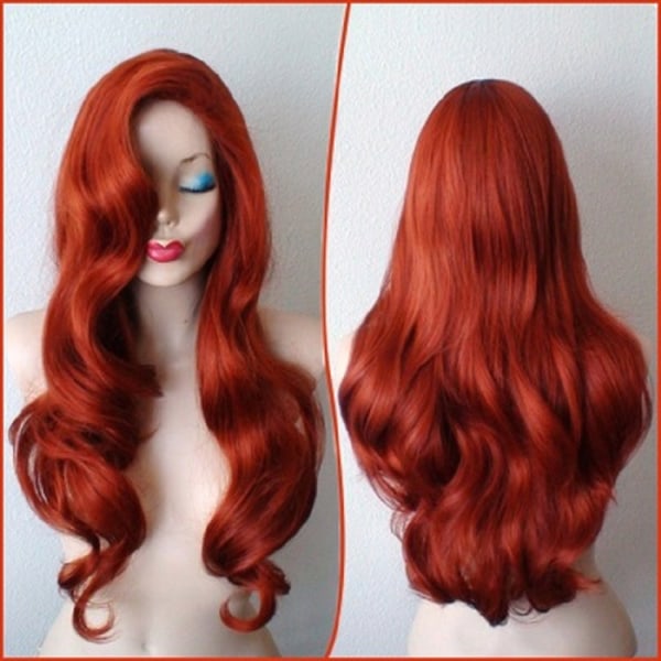Kvinners parykker naturlig hår, mote hår Nett midtdel lang krøllet rød bølget parykk, syntetisk fluffy parykk Egnet for