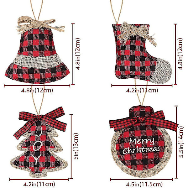 Julepynt Træpynt, 8 stk Rød Sort Buffalo Check Plaid Syning Bu