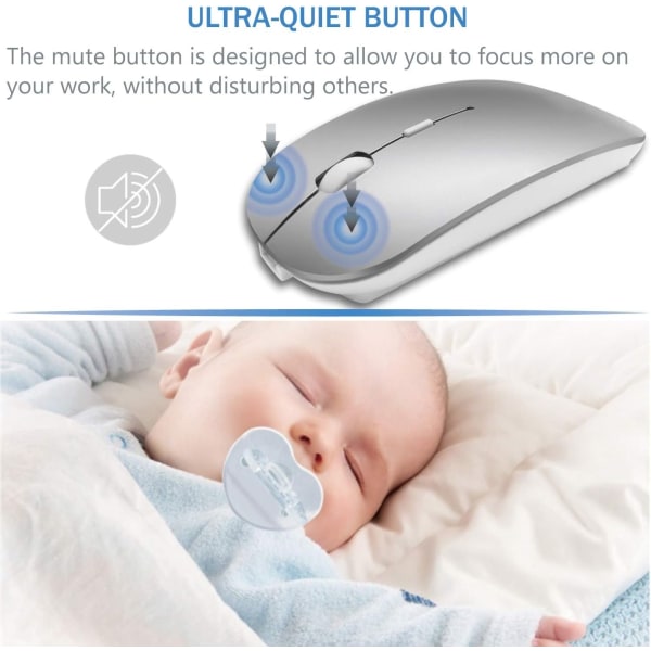 Trådløs Bluetooth-lader datamus for bærbare datamaskiner Laser Optisk Oppladbar Mini Slank Stille (Grå)
