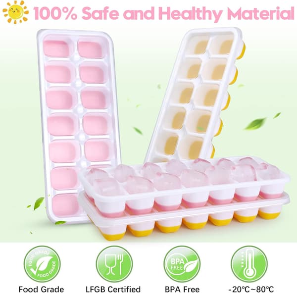 Silikone Isterningeforme - 14 Isterninger pr. Form, Spildsikre Låg, Stabelbare til Fryseren (4-pak, Pink)
