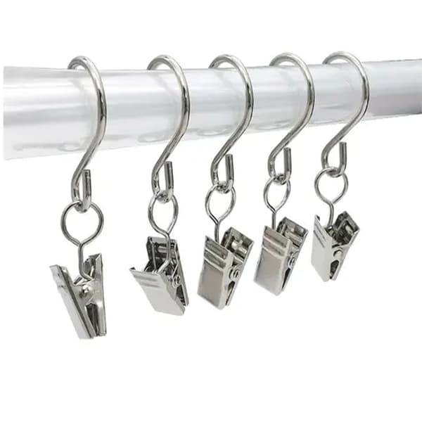 Curtain Clips with S-Hooks, 20-pack (silver) – Silver S-shaped hooks for curtains, shower curtains and decorations
