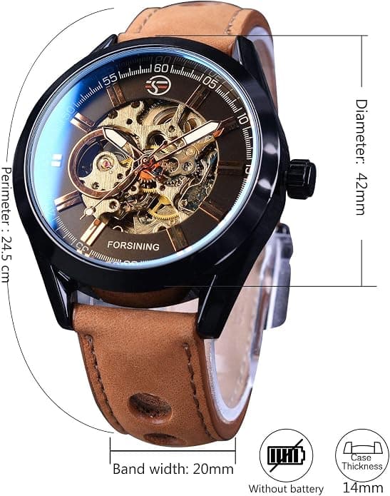 Herreur 43mm Rustfrit Stål Læderrem Mekanisk Armbåndsur Brun Sort