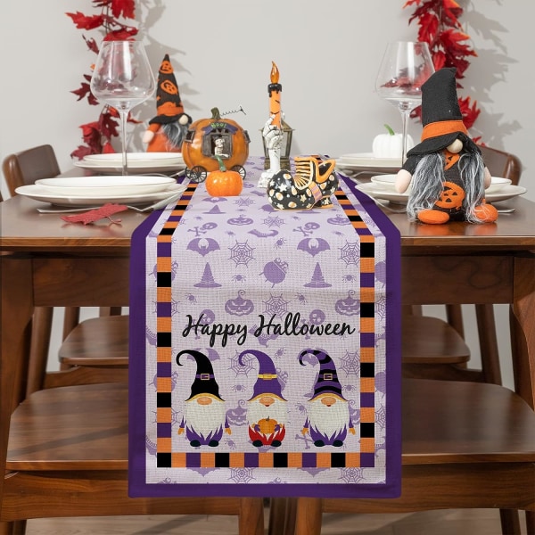 Halloween Purple Gnome Table Runner Pitkän keittiön ruokapöydän koristelu juhlahäihin sisätiloihin