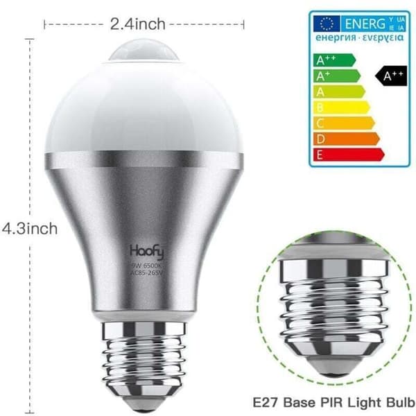 E27 Motion Sensor Bulb, 9W Cool White LED Lamp, Smart Switch Bulb for Bathroom/Stairwell/Front Door/Garage