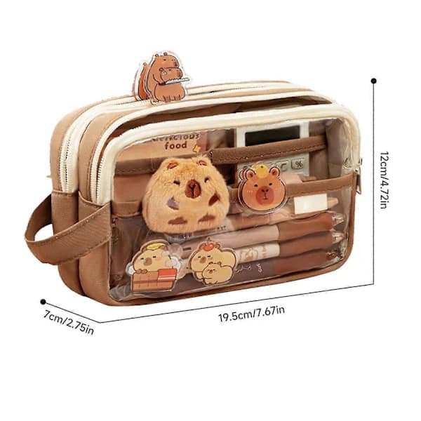 HA~Cute Pencil Case, Transparent Pencil Case, Capybara Large Capacity Pencil Case, Multi-layer Cute Transparent Case with Stickers, Brooch
