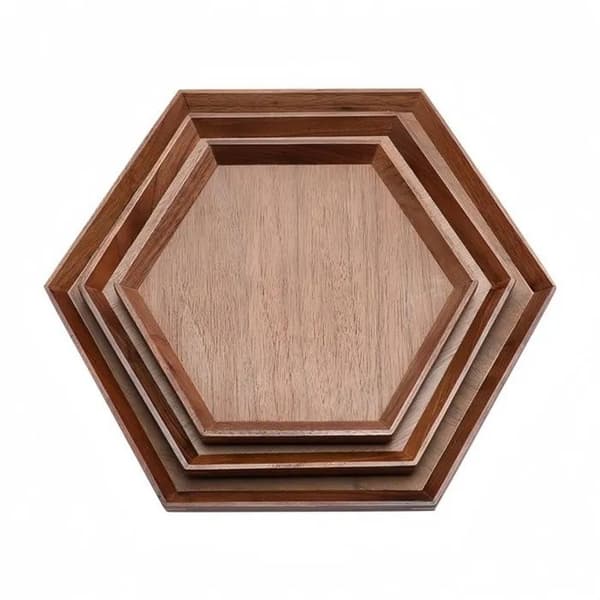 Hexagonal bricka i valnötsträ, 18x18x2 cm, för te, frukt, desserter, kaffe, hem eller restaurang