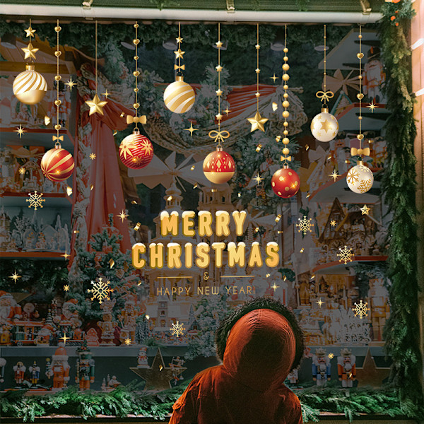 1 setti jouluikkuna-tarroja, kaksisivuiset Merry Christmas -puu ja lumihiutale -ikkuna-tarrat, loma-PVC-tarrat