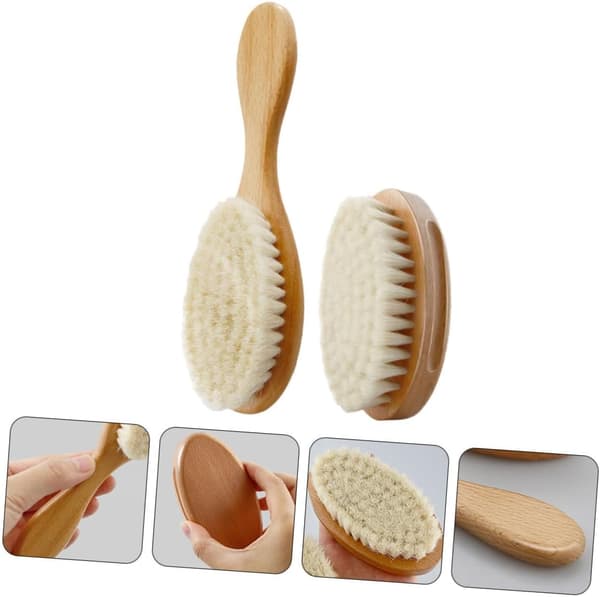 2 pcs wool baby brushes for infants, solid wood handle