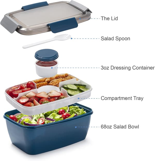 Large Double-Layer Lunch Box with Multiple Compartments for School or Work Includes Condiment Container Odor-Resistant and High Capacity Blue 2000ml