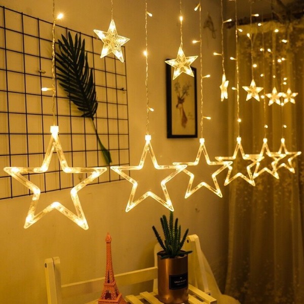 Twinkle Star 12 stjerner 138 LED-gardinlys, vinduesgardinlys med 8 blinkende tilstande Ramadan-dekoration til bryllup (varm hvid)