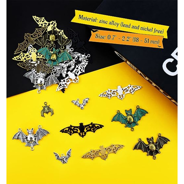 30 STK Bat Charms Blandet Halloween Spooky Flittermouse Flying Vampire Flaggermus Connector Charms Anheng DIY for smykkefremstilling