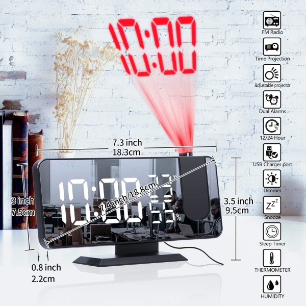 Projektionsväckarklocka för sovrum, digital väckarklocka med USB-laddare, 7,4 tum stor LED-spegeldisplay radioväckarklocka, svart