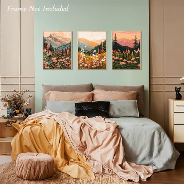 Set med 3 väggkonst i boho-stil föreställande blommande berg, 30x40 cm (Ram ingår ej)