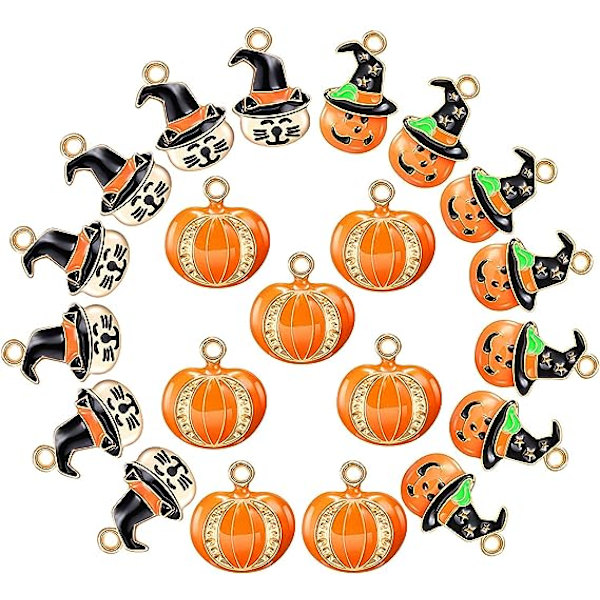 21 kpl Halloween-metallihelmiä, Sekalaisia Halloween-aiheisia riipuksia, Halloween-smaltihelmi, Kurpitsa hatulla DIY-kaulakorulle