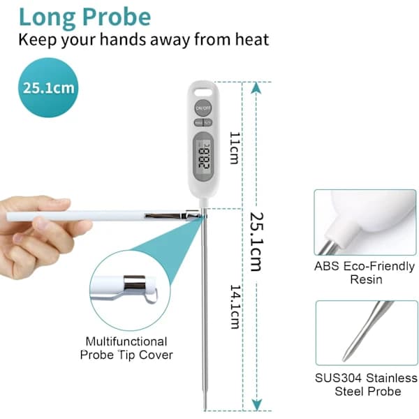 Køkkentermometer, 141 mm lang digital termometer til grill, bagværk, kød, sukker, væsker