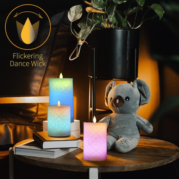 3 st flamlösa ljus med 18-knapps fjärrtimer, realistiskt färgskiftande LED värmeljus, batteridrivet ljus som blinkar