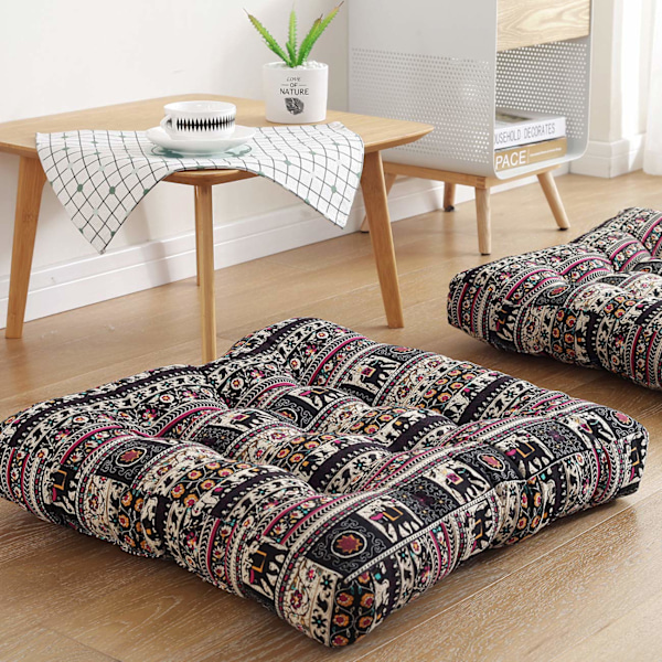 Boho Firkantede Gulvpuder Sædehynder 56 x 56 cm, Blød Bomuld Linned Boheme Yoga Mandala Meditationspuf Tatami Gulvpude