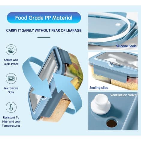 Microwave Safe Bento Lunch Box, 1400ml Lunch Box with 3 Compartments and Cutlery, Lunch Box for Picnic, Work (Blue)
