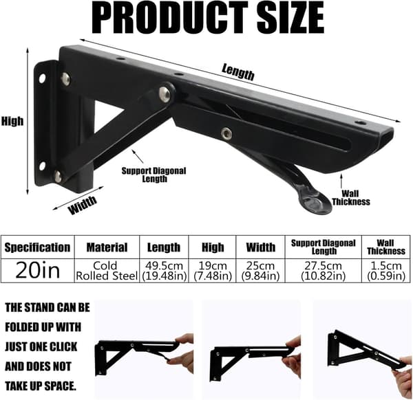 Fällbar konsol 500mm, kraftig fällbar konsol 2 st, fällbar väggkonsol 150 kg lastkapacitet