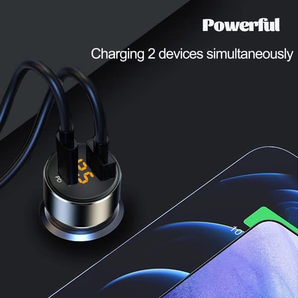 30W USB-C billader, Mini 2.4A USB-adapter med LED-spenningsdisplay, billaderadapter