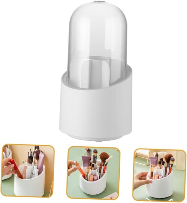 Makeup Brush Storage Box with Lid, Rotatable Design for Desk Organizer, Holds Brushes and Cosmetics, White for Countertop