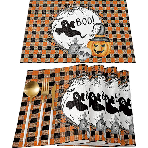 Halloween Boo -paikka-alustat, 6 kpl, Kurpitsa Noitahattu Puuvilla Pellava Tahran Kestävä Pöytä Alusta Pestävä Alusta Koriste