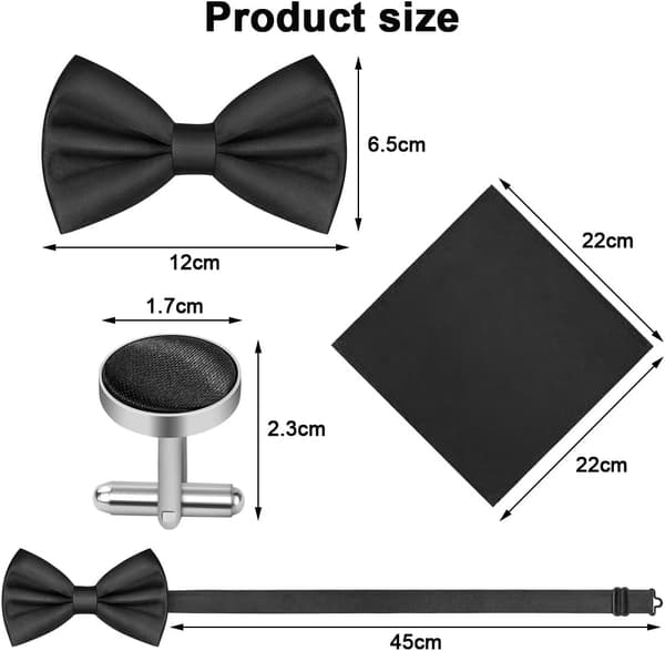 Men's Tie, Tie with Hook, Cufflinks and Handkerchief Set, Black