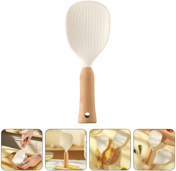 Silicone Rice Spoon - Vertical Silicone Rice Ladle - Non-stick Rice Spoon - Rice Spoon - Stand-up Rice Spoon with Beech Wood Handle