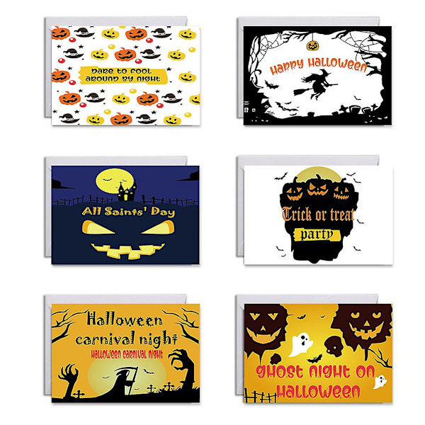 6 kpl Halloween-kortteja kirjekuoritarroilla \"Kepponen vai karkki\" -postikortit