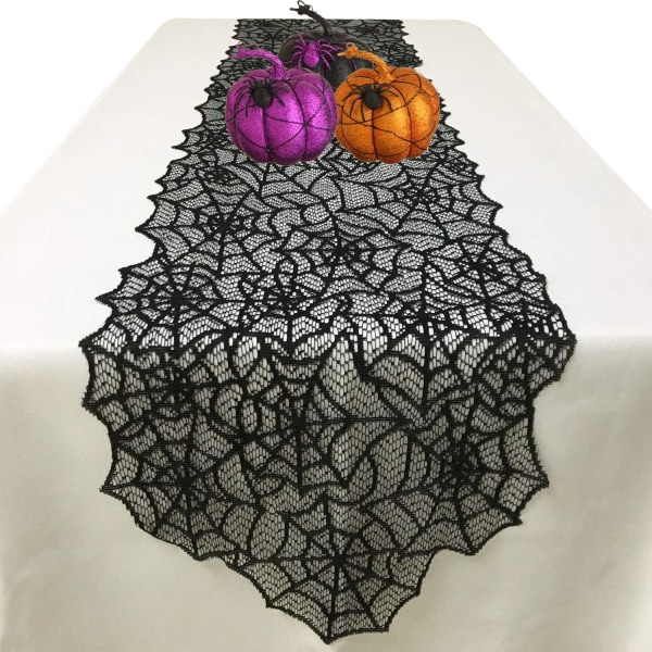 13x72 tommer (sort)，Halloween-bordløber - Black Lace Spider Web-bordløber til Halloween Masquerade Skræmmende film nærmer sig